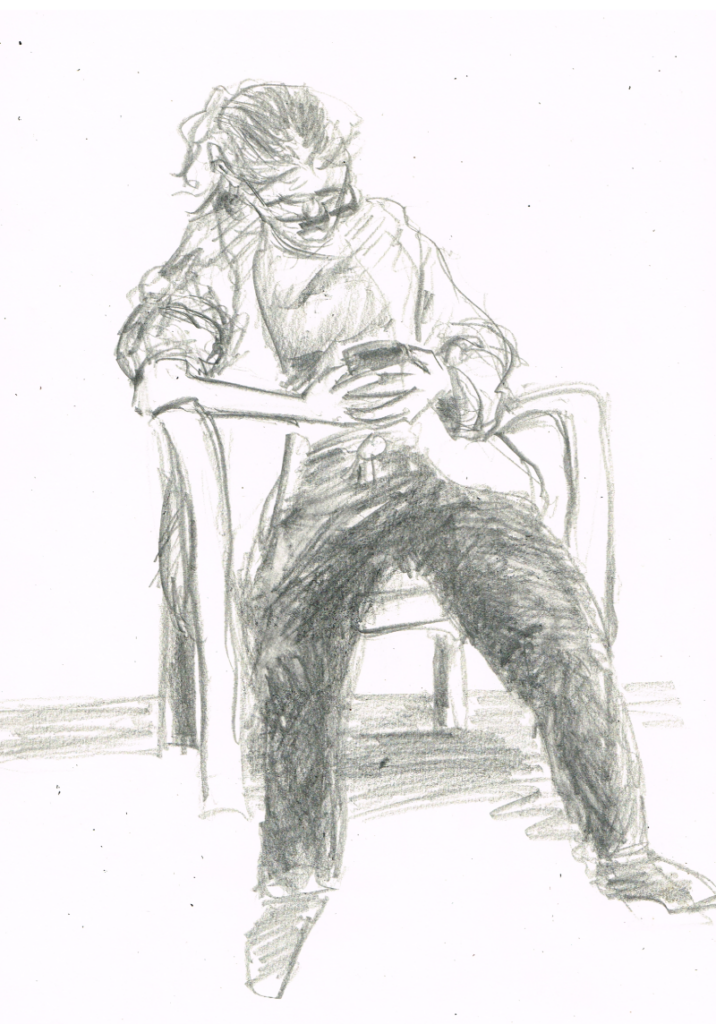 Pencil sketch of a young lady preoccupied with her phone. Drawing done by artist Bryan Skinnell.