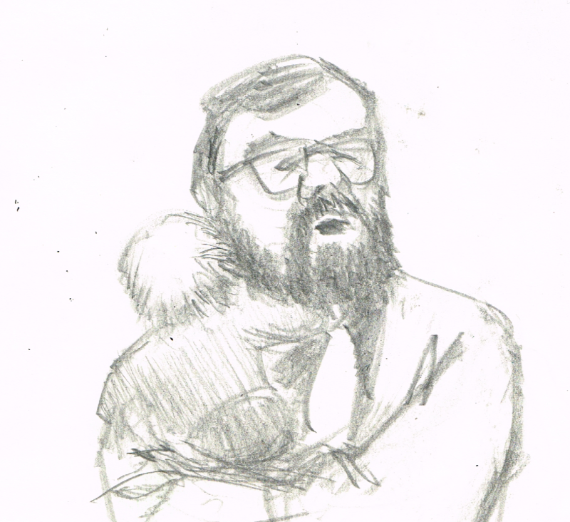 Pencil drawing of pastor Brandon praying while holding his son. Drawing by artist Bryan Skinnell.