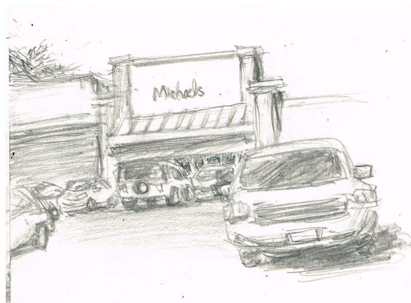 Pencil drawing of one of the Michael's stores in Roanoke, Virginia. Drawn by artist Bryan Skinnell.